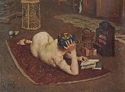 Bernard Hall Nude Reading at studio fire France oil painting artist